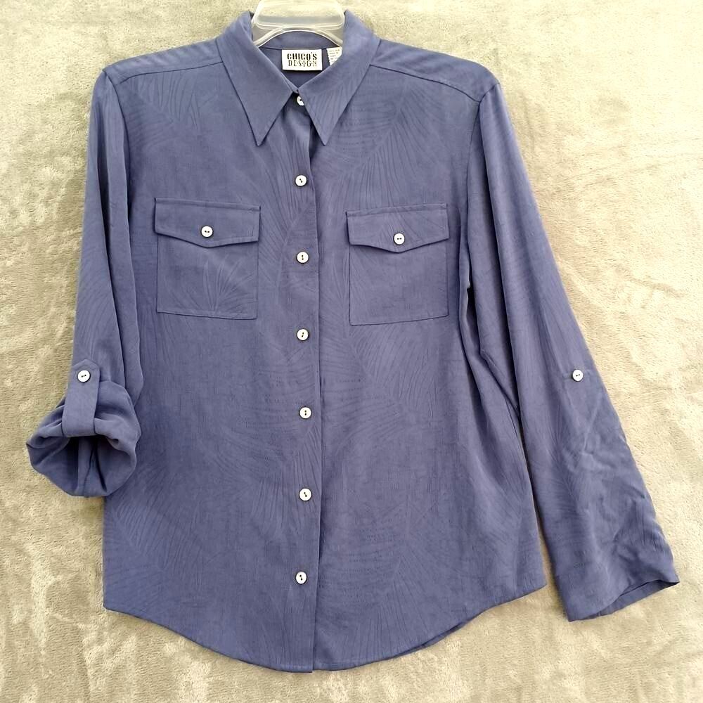 Chicos M Silk Shirt Coastal Preppy Purple Utility Button Up Tropical Roll Tab
